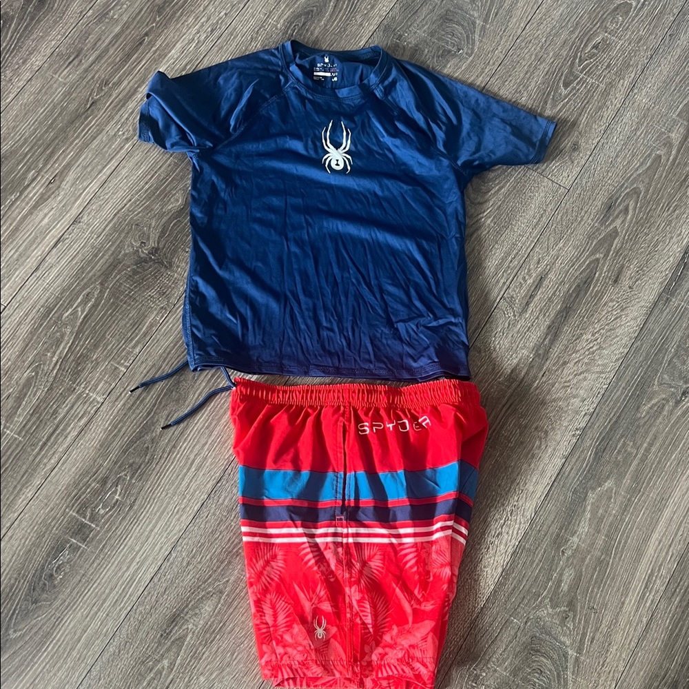 Spyder Navy Swim  T-Shirt and Red Swim Shorts Combo